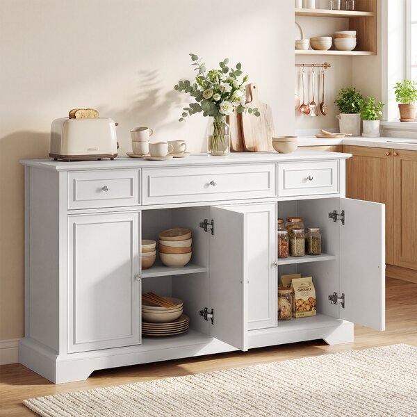 HOMCOM Buffet da cucina con 3 cassetti, 4 ante a chiusura ammortizzata e ripiani regolabili, 136x38x80 cm, bianco | Aosom Italy