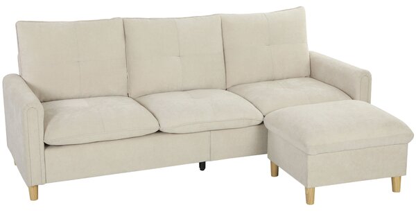 HOMCOM Divano ad angolo 3 posti con pouf contenitore e seduta ampi, in tessuto effetto lino, 210x77x80 cm, Crema | Aosom Italy