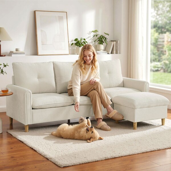 HOMCOM Divano ad angolo 3 posti con pouf contenitore e seduta ampi, in tessuto effetto lino, 210x77x80 cm, Crema | Aosom Italy