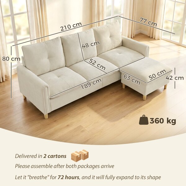 HOMCOM Divano ad angolo 3 posti con pouf contenitore e seduta ampi, in tessuto effetto lino, 210x77x80 cm, Crema | Aosom Italy