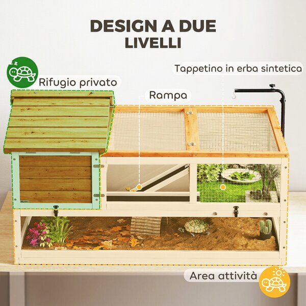 PawHut Casa per Tartarughe in Legno di Abete con Portalampada Regolabile, Rampe, Finestre, Vassoio, Arancione | Aosom Italy