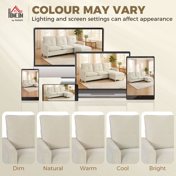 HOMCOM Divano ad angolo 3 posti con pouf contenitore e seduta ampi, in tessuto effetto lino, 210x77x80 cm, Crema | Aosom Italy