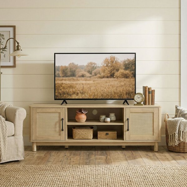 HOMCOM Mobile per televisori con 2 ante in rattan e 2 scomparti aperti, 135x39x45 cm, rovere | Aosom Italy