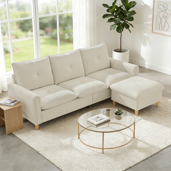 HOMCOM Divano ad angolo 3 posti con pouf contenitore e seduta ampi, in tessuto effetto lino, 210x77x80 cm, Crema | Aosom Italy