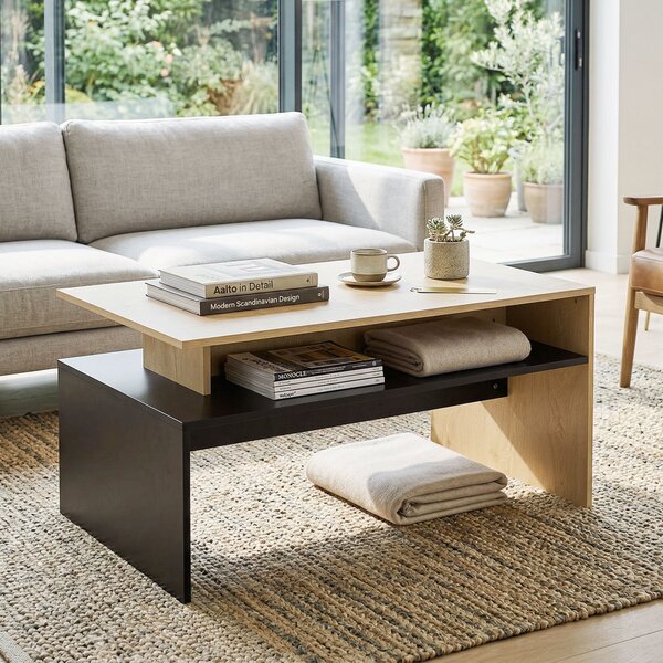 HOMCOM Tavolino Moderno da salotto a Livelli Sfalsati con Ripiano Portaoggetti, 95x55x50 cm, Legno Naturale e Nero | Aosom Italy