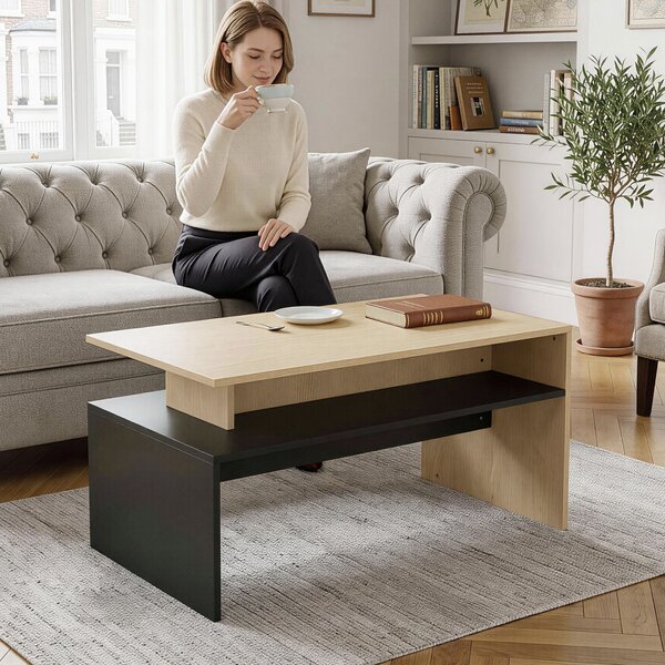 HOMCOM Tavolino Moderno da salotto a Livelli Sfalsati con Ripiano Portaoggetti, 95x55x50 cm, Legno Naturale e Nero | Aosom Italy