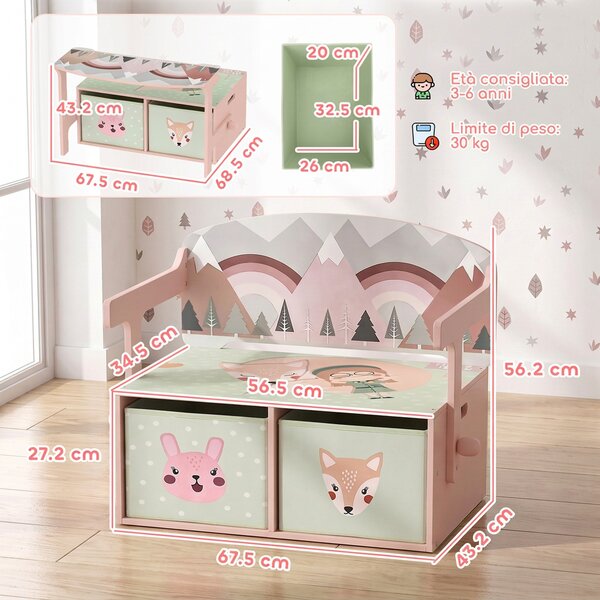AIYAPLAY 3 in 1 Panca Porta Giochi per Bambini, Convertibile in Tavolo e Sedia con 2 Contenitori, Stampa Volpetta, Rosa | Aosom Italy