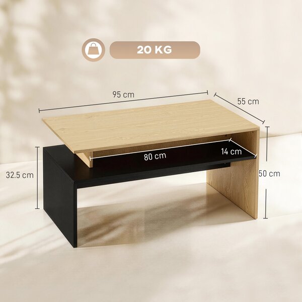 HOMCOM Tavolino Moderno da salotto a Livelli Sfalsati con Ripiano Portaoggetti, 95x55x50 cm, Legno Naturale e Nero | Aosom Italy