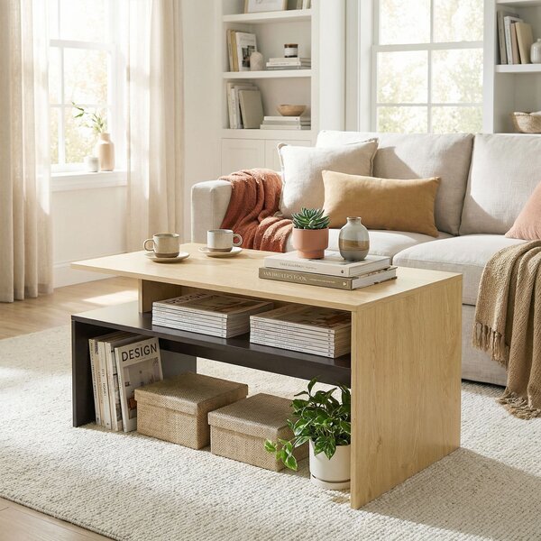 HOMCOM Tavolino Moderno da salotto a Livelli Sfalsati con Ripiano Portaoggetti, 95x55x50 cm, Legno Naturale e Nero | Aosom Italy