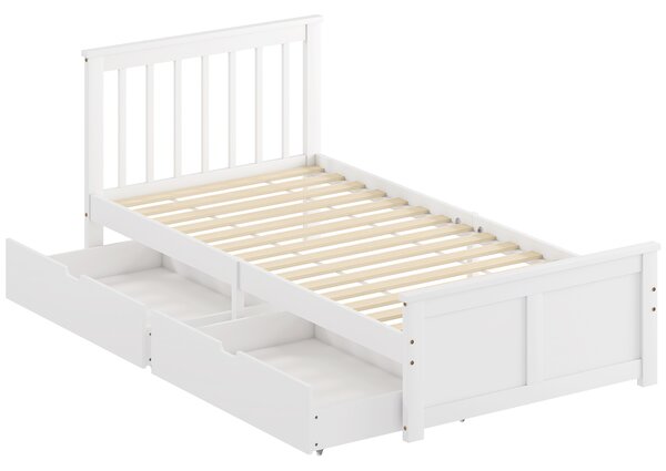 HOMCOM Telaio Letto con 2 Cassetti su Ruote, Pediera e Rete a Doghe in Legno Massiccio, 90x190 cm, Bianco | Aosom Italy