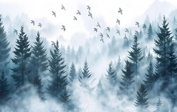 Carta da parati Tranquilla foresta nebbiosa con alberi dai toni del blu e stormi di uccelli in volo nel, Carta da parati Natura, w08664 : Uwalls.it