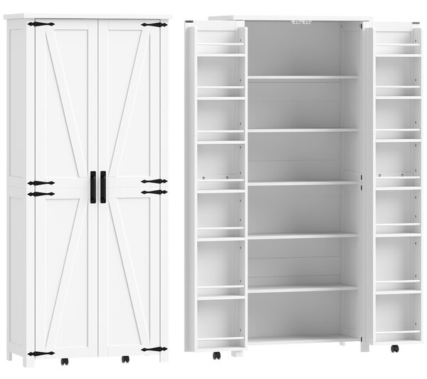 HOMCOM Armadio da cucina con 6 scomparti e 14 portarack, 2 ante con rotella e 6 scomparti, 80x40x180 cm, Bianco | Aosom Italy