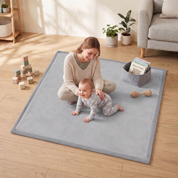 AIYAPLAY Tappeto per Bambini in Schiuma e Flanella Antiscivolo, 127x127 cm, Grigio Chiaro | Aosom Italy