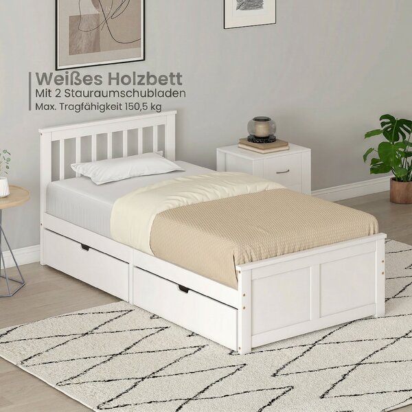 HOMCOM Telaio Letto con 2 Cassetti su Ruote, Pediera e Rete a Doghe in Legno Massiccio, 90x190 cm, Bianco | Aosom Italy
