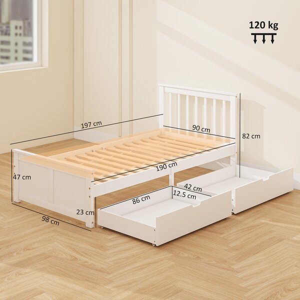 HOMCOM Telaio Letto con 2 Cassetti su Ruote, Pediera e Rete a Doghe in Legno Massiccio, 90x190 cm, Bianco | Aosom Italy