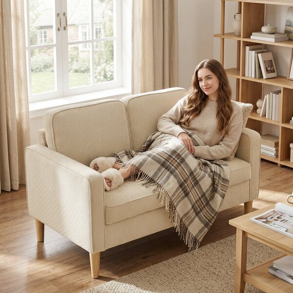 HOMCOM Divano Moderno 2 posti con con 2 cuscini e vano piedi, 117x63x79 cm, Beige | Aosom Italy