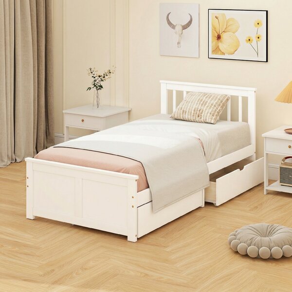 HOMCOM Telaio Letto con 2 Cassetti su Ruote, Pediera e Rete a Doghe in Legno Massiccio, 90x190 cm, Bianco | Aosom Italy