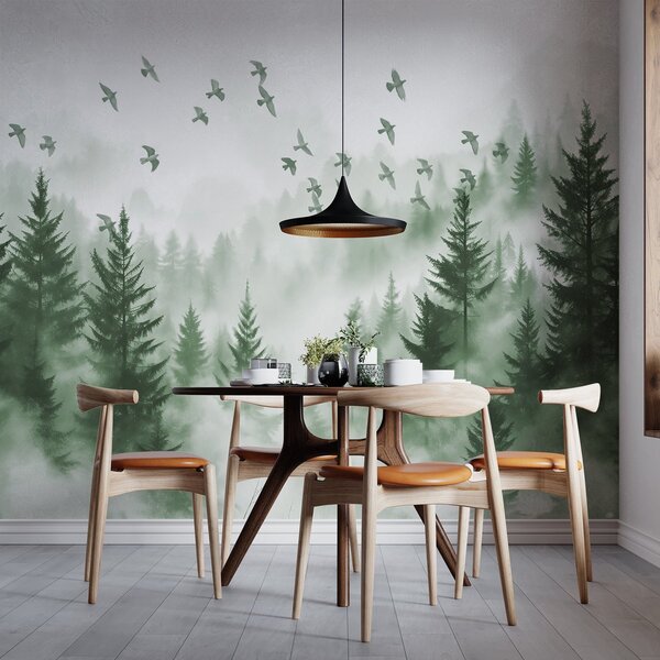 Carta da parati Tranquilla foresta nebbiosa con alberi in tonalità di verde e stormi di uccelli in volo, Carta da parati Natura, w08664v1 : Uwalls.it