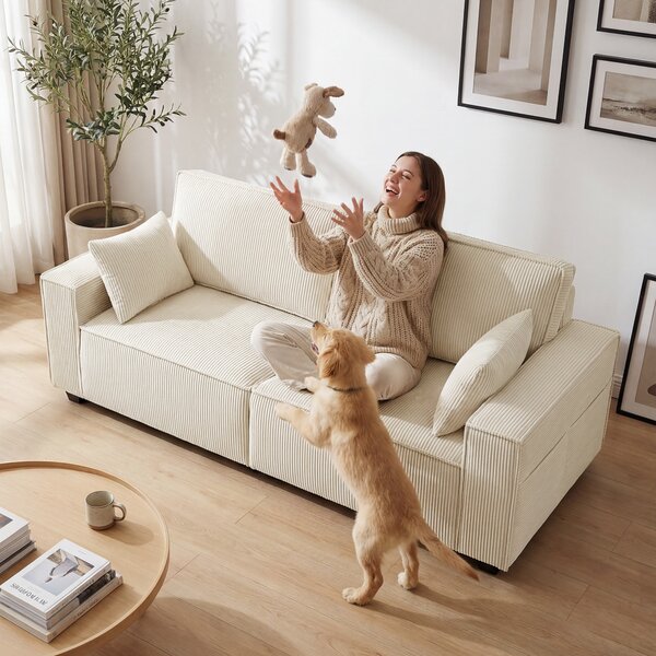 HOMCOM Divano Moderno 3 posti con braccioli larghi e 2 cuscini per salotto, 218x79x91 cm, beige | Aosom Italy