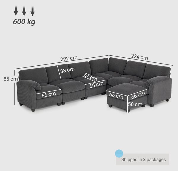 HOMCOM Divano angolare a U con braccioli imbottiti e ottomana in velluto a coste, 292x224x85 cm, Grigio scuro | Aosom Italy