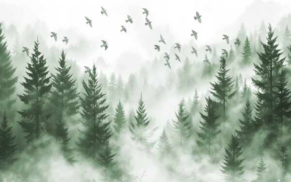 Carta da parati Uccelli in volo su una foresta, Carta da parati Natura, Carta da parati popolare, w08664v1 - Tapeko.it
