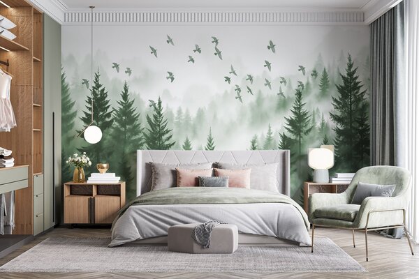Carta da parati Tranquilla foresta nebbiosa con alberi in tonalità di verde e stormi di uccelli in volo, Carta da parati Natura, w08664v1 : Uwalls.it