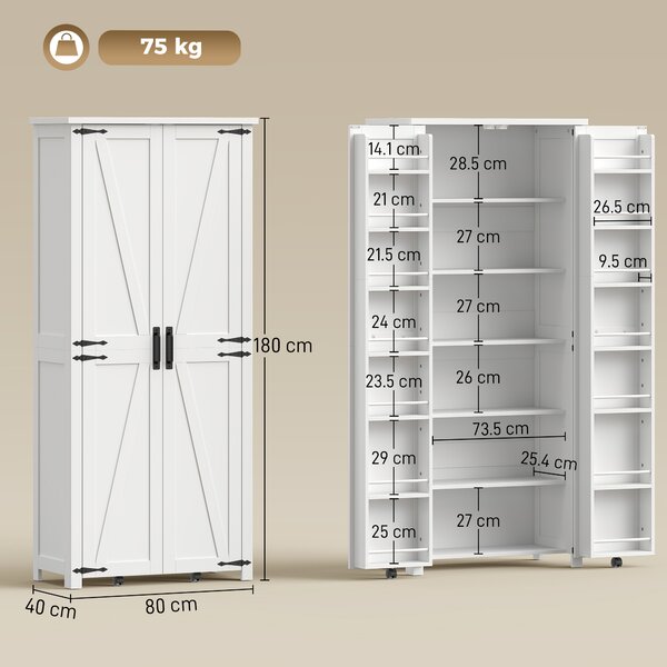 HOMCOM Armadio da cucina con 6 scomparti e 14 portarack, 2 ante con rotella e 6 scomparti, 80x40x180 cm, Bianco | Aosom Italy