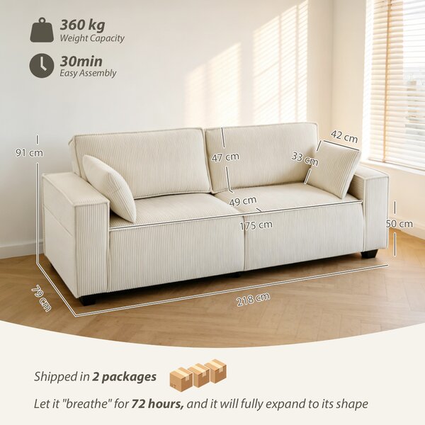 HOMCOM Divano Moderno 3 posti con braccioli larghi e 2 cuscini per salotto, 218x79x91 cm, beige | Aosom Italy