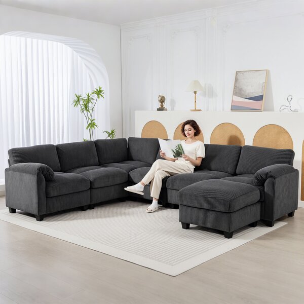 HOMCOM Divano angolare a U con braccioli imbottiti e ottomana in velluto a coste, 292x224x85 cm, Grigio scuro | Aosom Italy