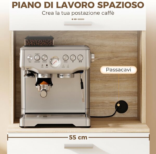 HOMCOM Buffet da cucina con Cassetto e Ripiani, Credenza alta con 2 ante e piano di lavoro, 55x40x174 cm, bianco e legno naturale | Aosom Italy