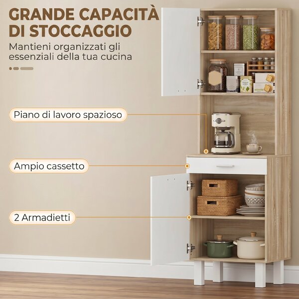 HOMCOM Buffet da cucina con Cassetto e Ripiani, Credenza alta con 2 ante e piano di lavoro, 55x40x174 cm, bianco e legno naturale | Aosom Italy