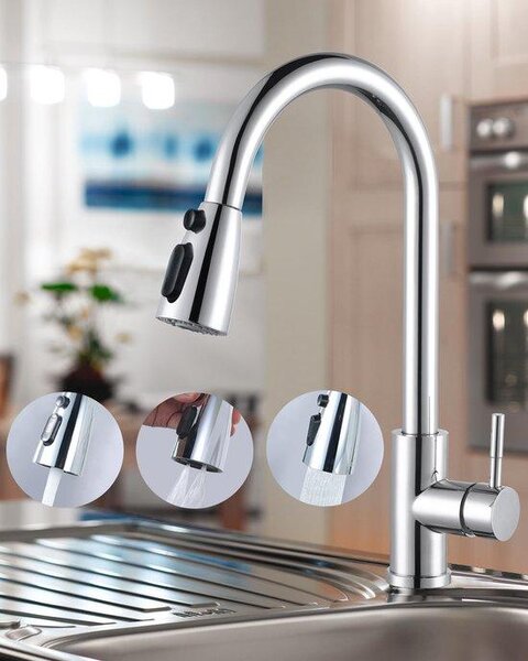 Rubinetto da cucina in acciaio inossidabile, miscelatore girevole a 360° con cartuccia Vetroceramica a tenuta stagna, 3 tipi di getto, cromato