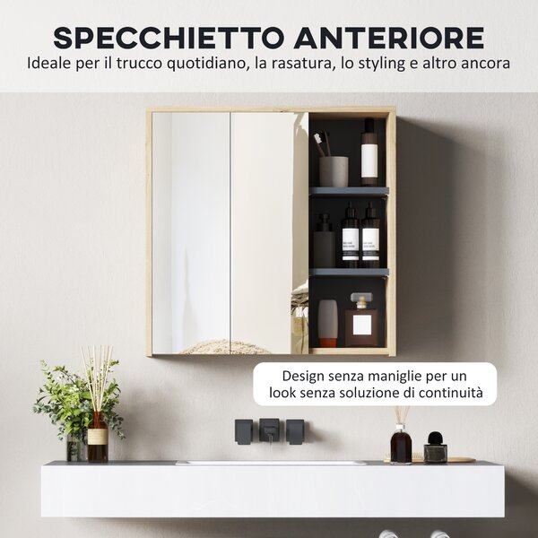 HOMCOM Specchio Bagno Contenitore con 2 Ante, 60x20x60 cm Mobile Bagno con Specchio, Scomparto Aperto, Naturale | Aosom Italy