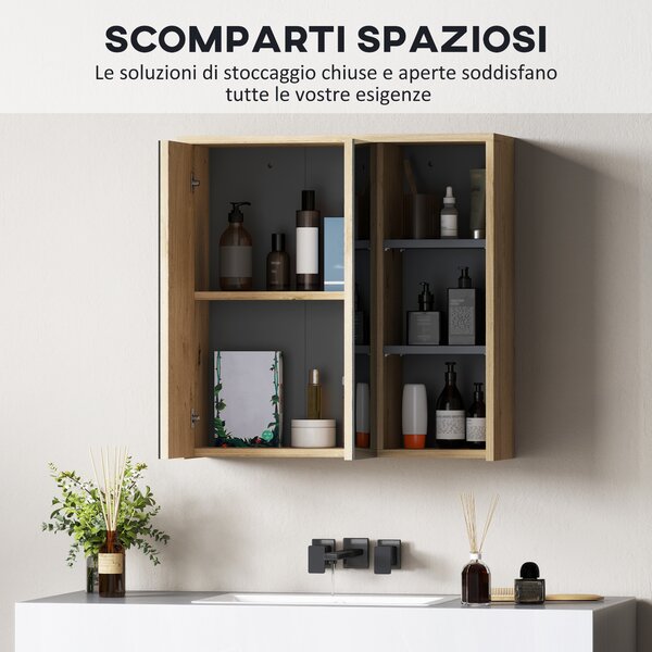HOMCOM Specchio Bagno Contenitore con 2 Ante, 60x20x60 cm Mobile Bagno con Specchio, Scomparto Aperto, Naturale | Aosom Italy