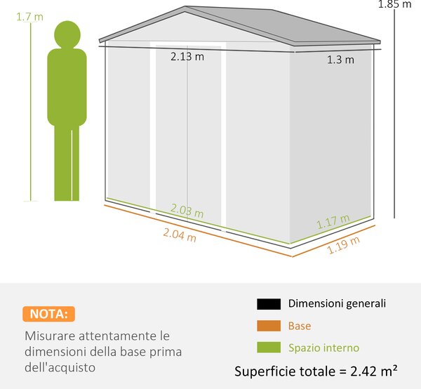Outsunny Casetta da Giardino con Porte Scorrevoli in Lamiera, Capanno Attrezzi in Acciaio, 213x130x185 cm, Grigio | Aosom Italy