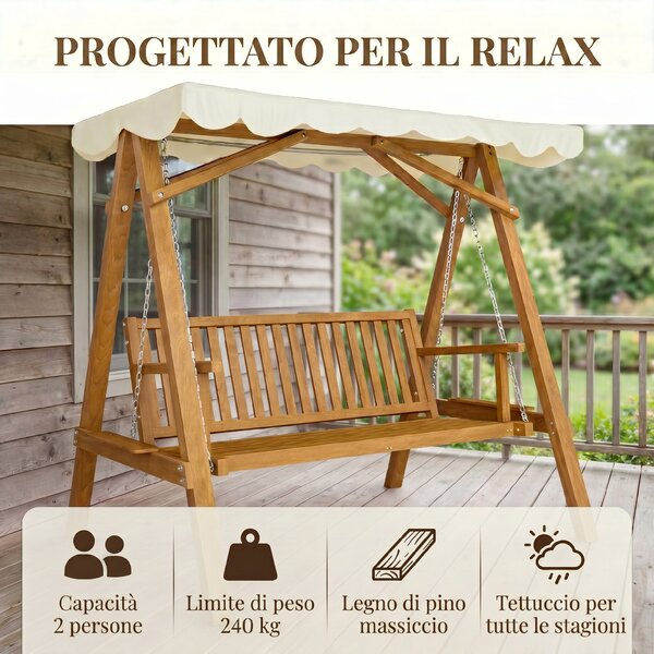 Outsunny Dondolo da Giardino Stile Classico Legno Massello di Pino Conforme alle Norme di FS Tettuccio Parasole | Aosom Italy|Aosom