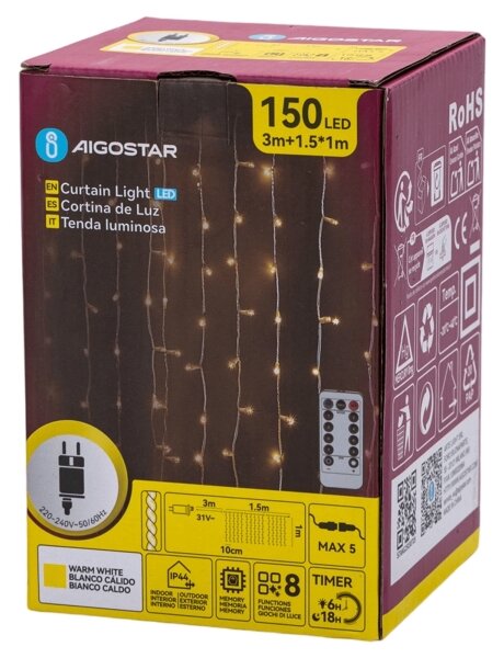 Aigostar - Catena luminosa LED natalizia per esterni 150xLED/6W/230V/8 funzioni 1,5x1m IP44 bianco caldo+telecomando