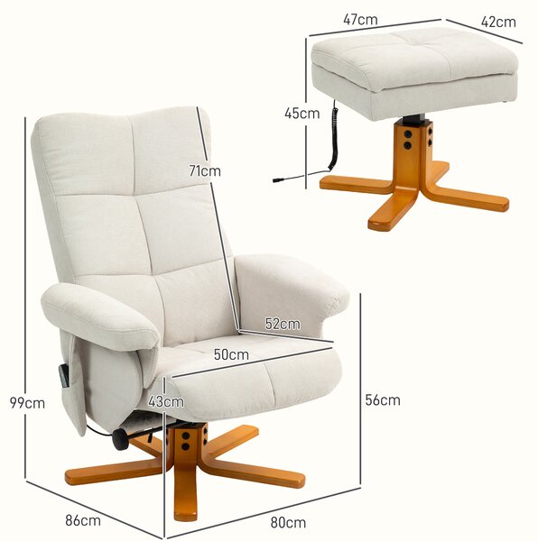 HOMCOM Poltrona massaggiante con poggiapiedi reclinabile a 145°, in poliestere, 80 x 86 x 99 cm, Avorio