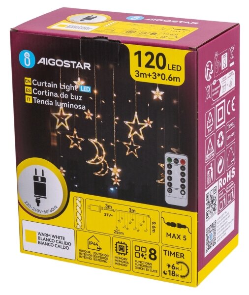 Aigostar - Catena luminosa LED natalizia da esterno 120xLED/6W/230V/8 funzioni 3x0,6m IP44 bianco caldo con telecomando