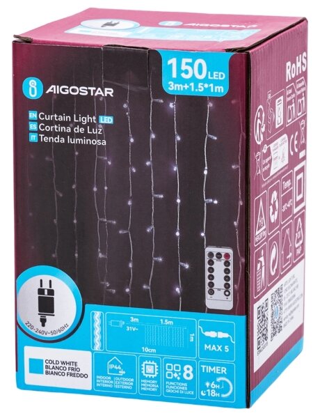 Aigostar - Catena luminosa di Natale per esterni 150xLED/6W/230V/8 funzioni 1,5x1m IP44 bianco freddo+telecomando