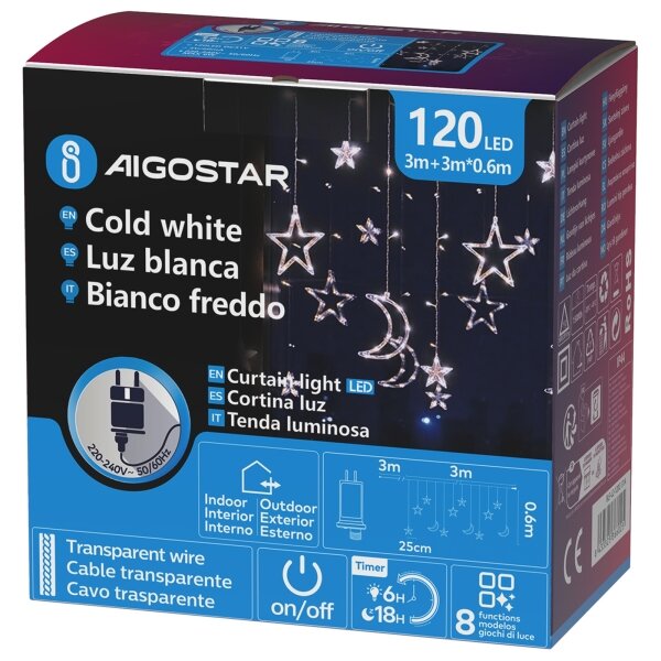 Aigostar - Catena natalizia LED da esterno 120xLED/6W/230V/8 funzioni 3x0,6m IP44 bianco freddoDO