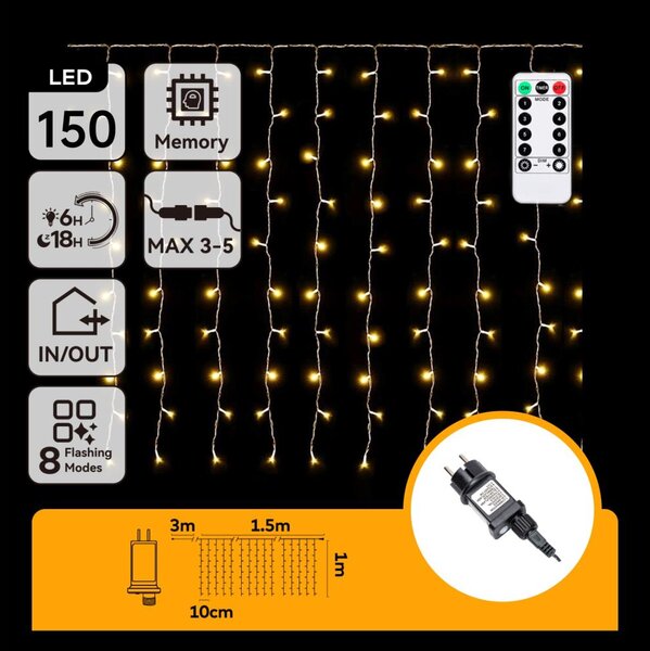 Aigostar - Catena luminosa LED natalizia per esterni 150xLED/6W/230V/8 funzioni 1,5x1m IP44 bianco caldo+telecomando