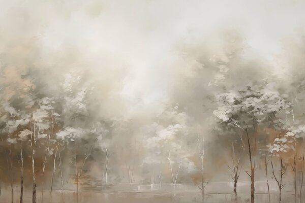 Carta da parati Pittura di alberi nella nebbia, Carta da parati Foresta Betulle, Carta da parati popolare, w02928 - Tapeko.it