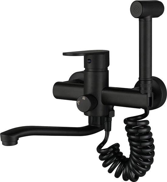 Miscelatore da cucina nero a parete con doccetta, miscelatore a parete con testa girevole a 360 gradi, facile da installare, miscelatore da cucina nero a parete (20 cm)