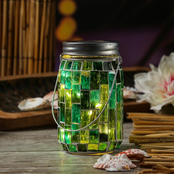 Barattolo solare LED - Barattolo con decorazioni a mosaico - con manico - Altezza: 13,5 cm - Sensore di luce - verde
