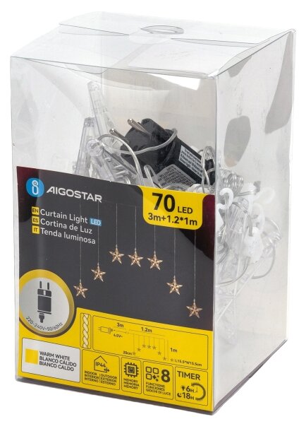 Aigostar - Catena luminosa natalizia LED da esterno 70xLED/230V 1,2x1m IP44 bianco caldo con stelle