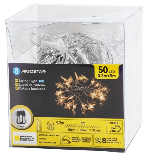 Aigostar - Catena luminosa LED da esterno per Natale, 50 LED, 8 funzioni, 3xAA, 5 m, IP44, bianco caldo, stelle