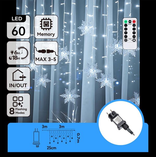 Aigostar - Catena luminosa natalizia a LED per esterni 120xLED/6W/230V/8 funzioni 3x0,7m IP44 bianco freddo+telecomando