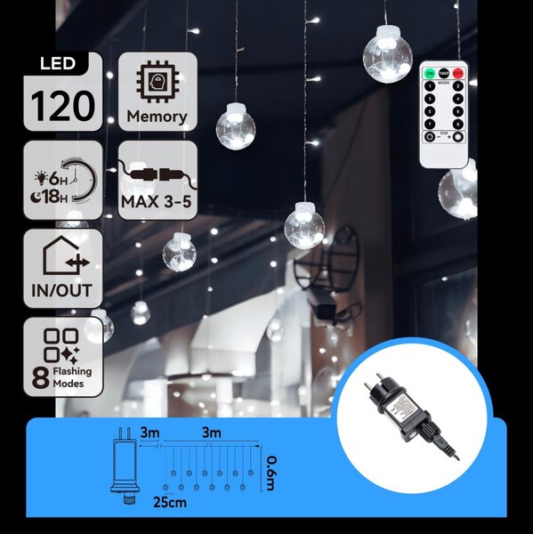 Aigostar - Catena LED natalizia da esterno 120 LED/6 W/230 V/8 funzioni 3x0,6 m IP44 bianco freddo + telecomando