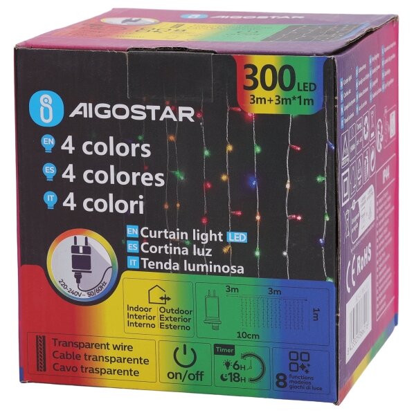 Aigostar - Catena luminosa LED RGBY natalizia per esterni 300xLED/6W/230V/8 funzioni 3x1m IP44 + telecomando